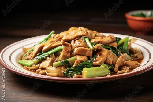 Authentic Thai Pad See Ew Stir Fry with Chicken, Chinese Broccoli, Egg and Rice on Wooden Plate - Street Style Menu. Horizontal Close-Up Shot