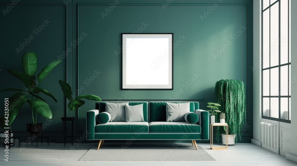 Canvas frame mock-up in the interior of a modern living room on a green wall with a sofa and a plant in a vase, transparent wall art mock-up. - obrazy, fototapety, plakaty 