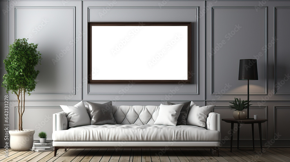picture frame mock-up in the interior of a modern living room on a grey wall with a sofa and a plant in a vase, transparent wall art mockup. picture frame mock-up in the interior of a modern living room on a grey wall with a sofa and a plant in a vase, transparent wall art mockup.