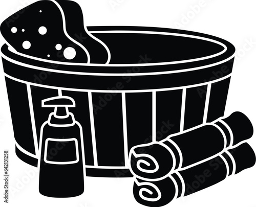 Black and White Cartoon Vector Illustration of a Bath with Towels Sponge and Soap