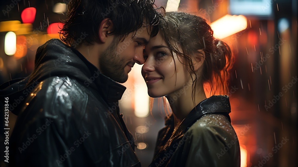 Portrait of Adult Boy with Short Brown Hair and Green Eyes and Girl with Long Blonde Hair and Blue Eyes, Standing in Rainy Night Street, Generative AI Portrait of Adult Boy with Short Brown Hair and Green Eyes and Girl with Long Blonde Hair and Blue Eyes, Standing in Rainy Night Street, Generative AI