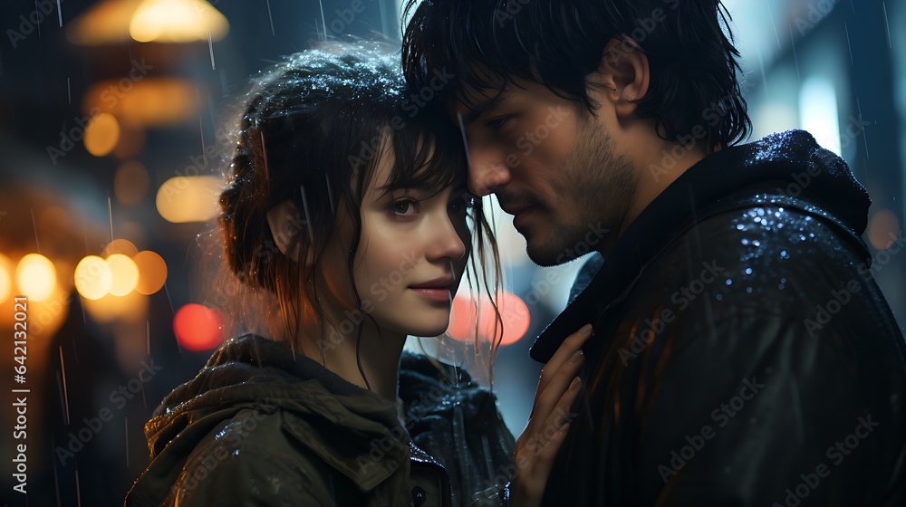 Portrait of Adult Boy with Short Brown Hair and Green Eyes and Girl with Long Blonde Hair and Blue Eyes, Standing in Rainy Night Street, Generative AI Portrait of Adult Boy with Short Brown Hair and Green Eyes and Girl with Long Blonde Hair and Blue Eyes, Standing in Rainy Night Street, Generative AI