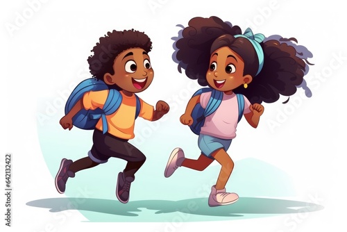 two Black children with backpack running
