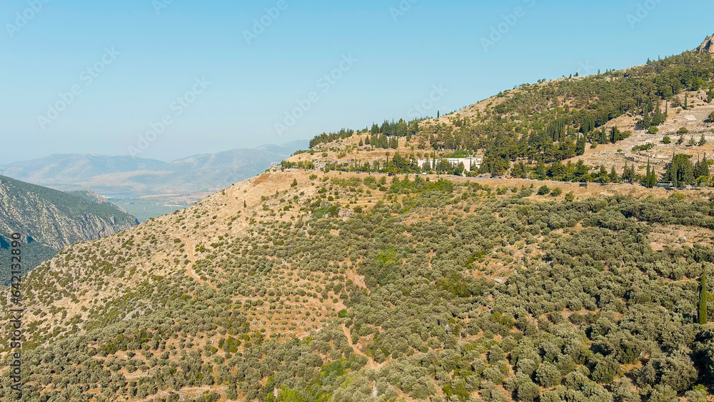 Delphi, Greece. Ruins of the ancient city of Delphi. Sunny weather in the morning, Summer, Aerial View