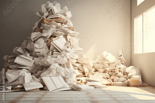 Waste paper illustration. Large pile of waste paper ready to recycle. Old, randomly folded paper, as waste paper. Recycling paper, giving paper the second life. Environmental concern. Save the trees