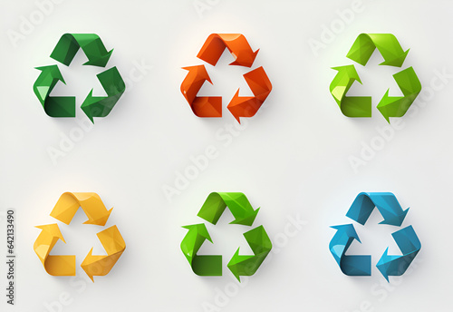 Colorful recycle icon collection, white background. Recycling signs with rotation arrow. Recycling paper, separate waste collection. Save the trees, save the planet, environmental concern concept