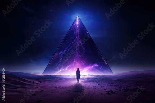 People standing in front of pyramid in desert, science fiction concept. Generative AI