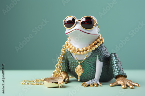 Fotografie, Obraz Modern Feng Shui fortune frog with glasses, golden chain and necklace on pastel background