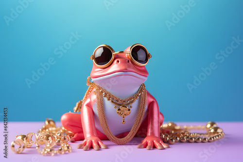 Modern Feng Shui fortune frog with glasses and golden chain on pastel background. Creative animal concept