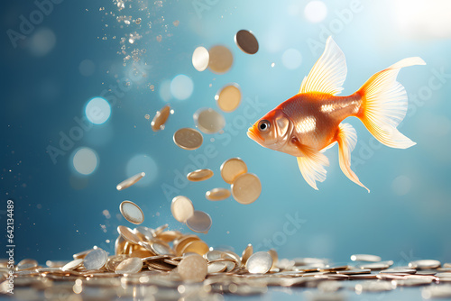 Modern Feng Shui Goldfish in tank with golden coins on pastel blue background