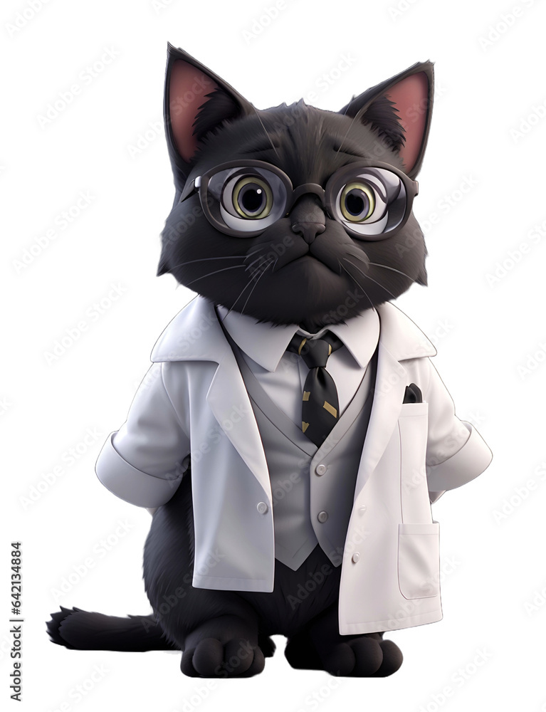 3D render.Black  Cat Cartoon character doctor transparent background cutout. PNG file. Many different types of medical clipart isolated.