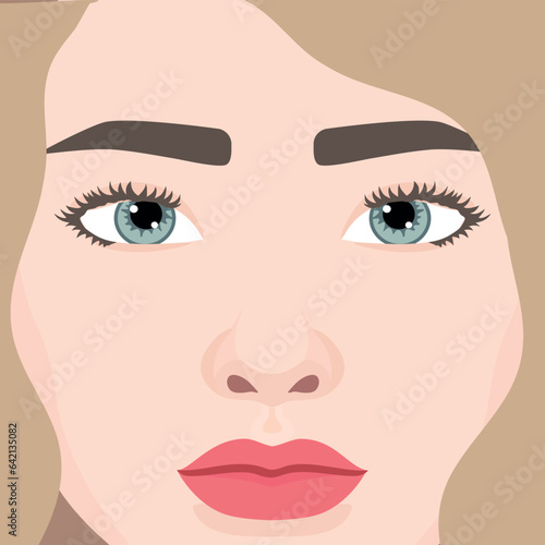 Beautiful woman face close up. Woman with wavy hair and blue eyes. Vector illustration