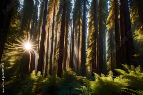 Magnificent and towering redwood forest  with sunlight streaming through the dense canopy - AI Generative