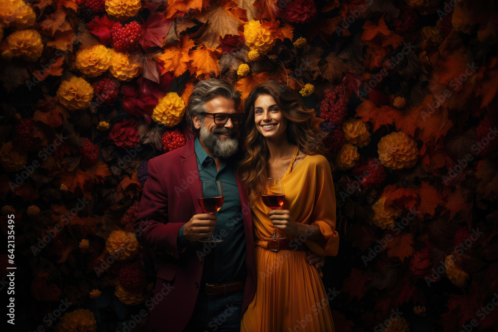 Obraz premium Man and woman with glasses of red wine on huge flower wallpaper background