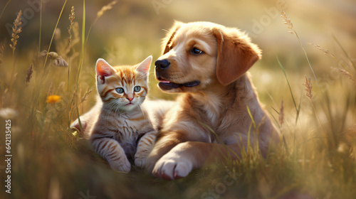 Happy young Cat and dog pets together