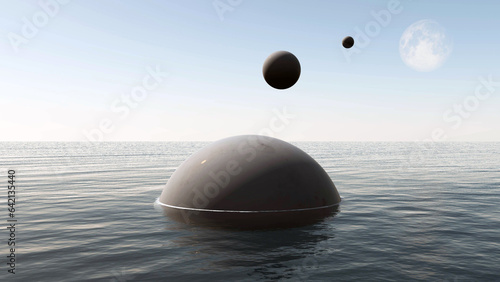 Фотография Alien spaceships descending to water of the Earth sea, UFO background