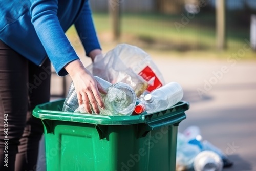 Woman putting a bottle in the trash bin