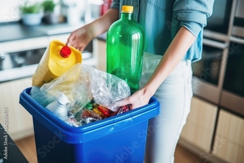 Woman putting empty plastic bottle in recycling bin