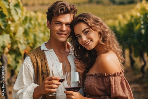Young lovers man and woman with red wine on the vineyard background
