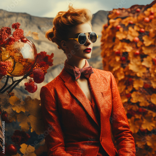  woman with red hair in red suit in autumn vineyard