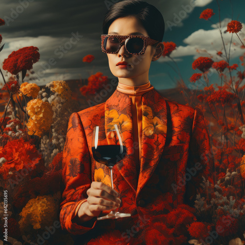Asian woman  in red dress with a glass of red wine on red flowers background