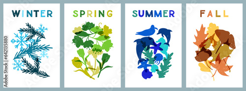 Abstract retro nature posters about four seasons. Minimalistic risoprint hand drawn concept illustration with grunge texture. Nature monochromatic silhouettes. Ideal for background, banner, poster