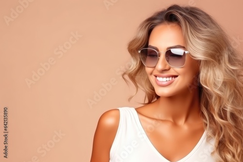 smiling tanned woman on beige background