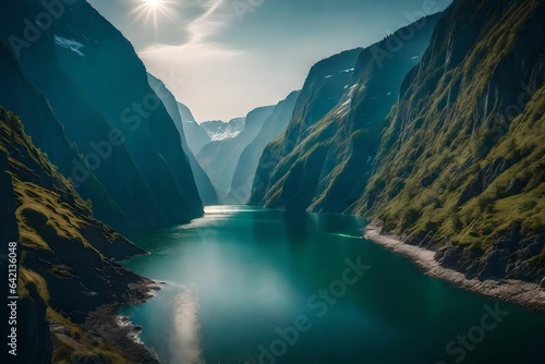 Majestic and breathtaking fjord surrounded by steep cliffs and glistening waterfalls - AI Generative