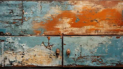 Generative AI, old dresser wooden texture. Blue, turquoise, yellow and orange colors. Vintage grunge background