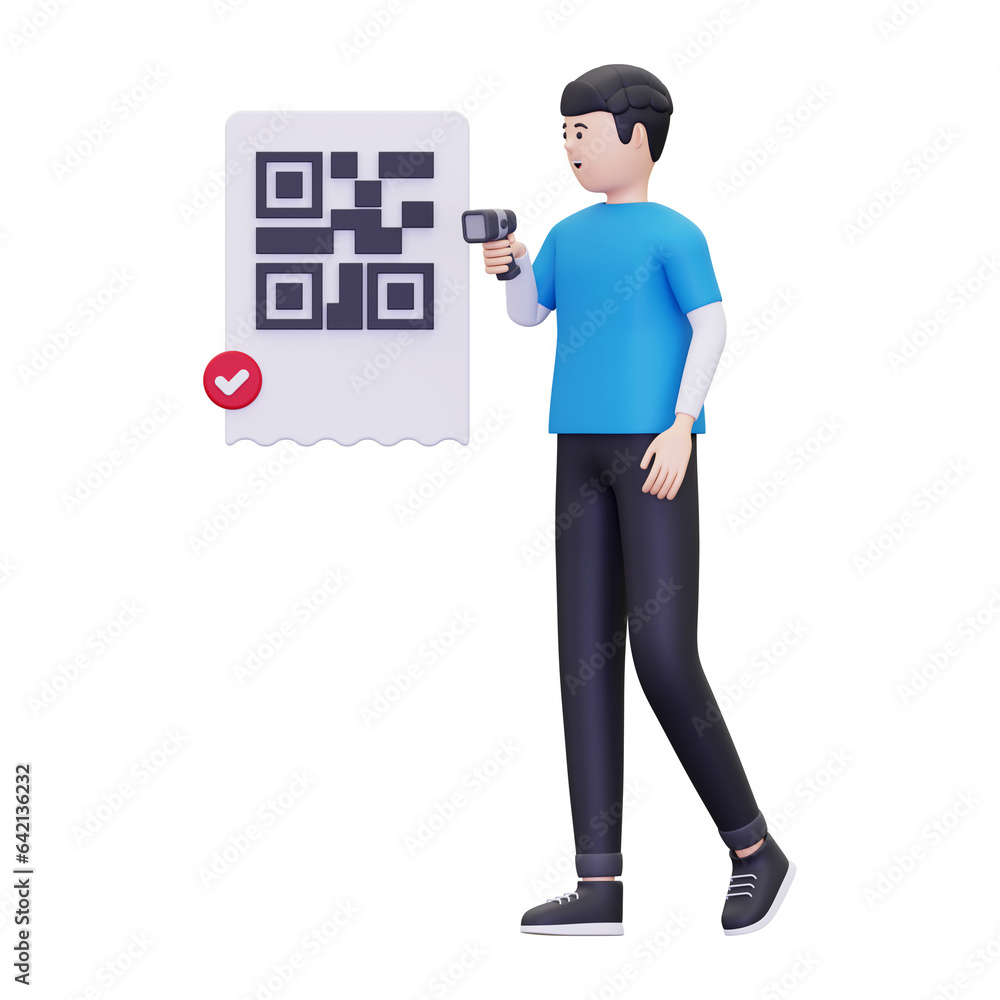 3d man is scanning a barcode illustration 3d man is scanning a barcode illustration