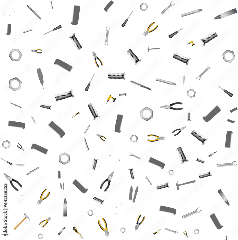 Public holiday in USA concept. High angle view photo of all tools that labor used on white isolated background. Public holiday in USA concept. High angle view photo of all tools that labor used on white isolated background.