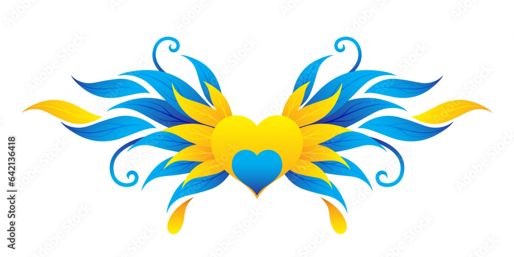 Obraz premium Decorative icon with heart and wings in blue and yellow color of the flag of Ukraine on a white background. Vector clipart. 