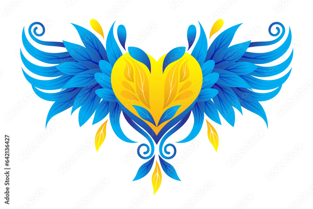 Decorative poster with heart and wings. Vector clipart. Blue and yellow color of the flag of Ukraine on a white background. Symbol of freedom and independence. Decorative poster with heart and wings. Vector clipart. Blue and yellow color of the flag of Ukraine on a white background. Symbol of freedom and independence.