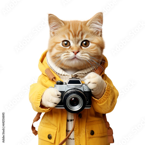 Funny cat with a photo camera on a transparent background.
