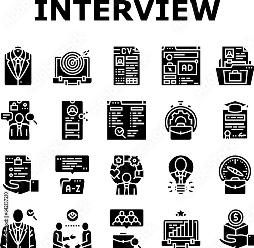 interview job business employee icons set vector. woman office, manager people, desk work, man, male hr, meeting executive, two interview job business employee glyph pictogram Illustrations