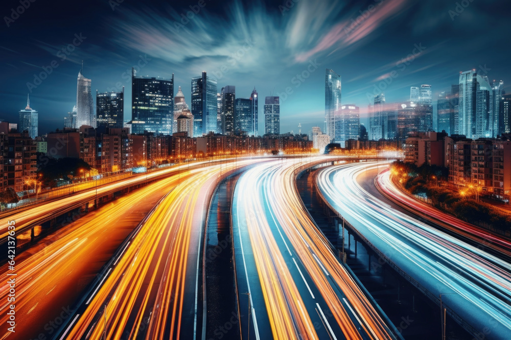 Cars headlamp trails with motion blur effect at night city street. Colored lines on road with long exposure effect. City silhouette with skyscrapers and road traffic at night