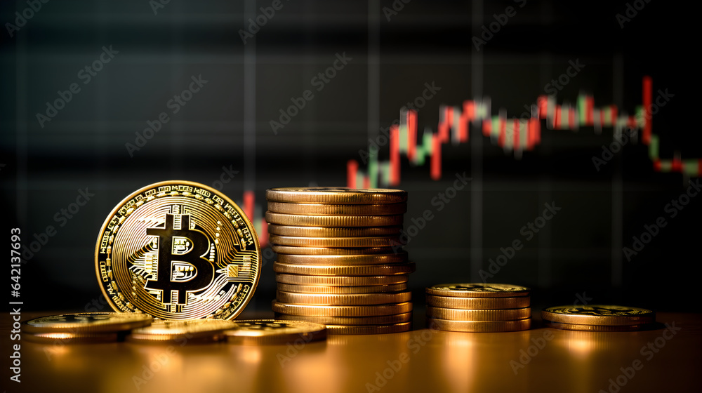 Gold coin with bitcoin symbol on candlestick chart background, dark ...
