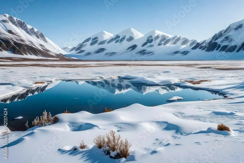Pristine and untouched Arctic tundra, with snow-capped mountains and frozen lakes - AI Generative