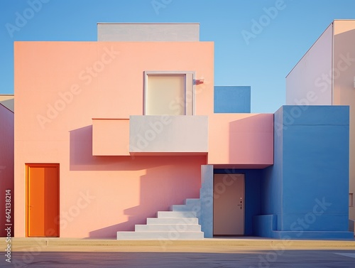 a blue and pink building exterior on a blue background