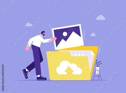 Cloud data storage and server concept, man uploading image or file document to huge folder of cloud storage, sharing of content on social networks