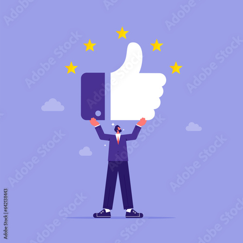 Customer feedback concept, businessman holding like sign button with five stars feedback illustration vector