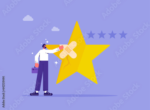 Customer feedback or satisfaction concept, reputation management, customer experience or rating, repair or fix customer trust problem, businessman fix broken rating star with bandage
