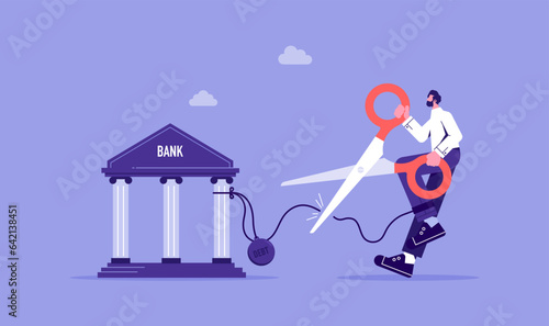 Cut debt, negotiate with bank to reduce amount of loan and mortgage payment, businessman use scissors to cut the chain and free himself from debt metal ball