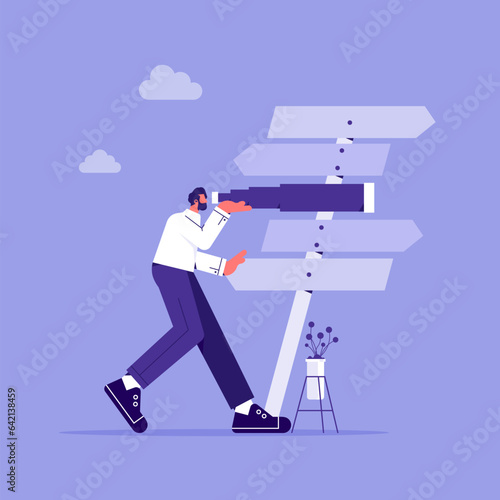 Search for right direction, business opportunity, make decision or career path concept, businessman look through spyglass to chooses the main direction