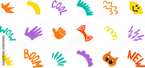 Doodle radial abstract stickers. Hand drawn round corner text decoration element. Groovy funky star, wave, ears, smile in trendy retro 90s 00s cartoon style. Idea symbol. Vector illustration isolated.