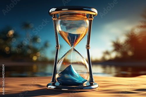 Time is running fast. Hourglass with blue sand inside in mature woman's hand symbolize the brevity of life. Background is sea with beautiful sunlights. Concept of the rapid passage of time.Copy space.