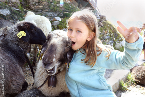 funny happy smiling child girl hugging sheep at farm, children love play animal, kid on nature, positive emotions, travel in Switzerland biopark, swiss black sheep simbol, toddler face photo