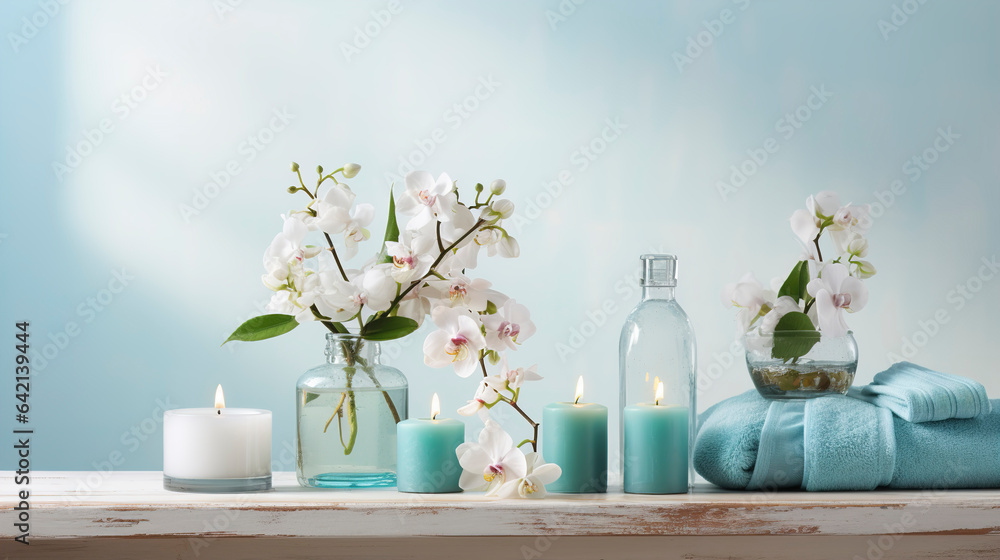 Spa salon light blue composition in wellness center. Spa still life background with aromatic candle, orchid flower and towel. Beauty spa treatment and relax. Relaxing background.