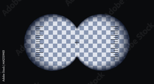 Binoculars viewfinder template. Realistic 3d illustration of transparent gradient lens. Vector card of view binoculars with soft blurry edges and transparency fields with measuring scale in the center