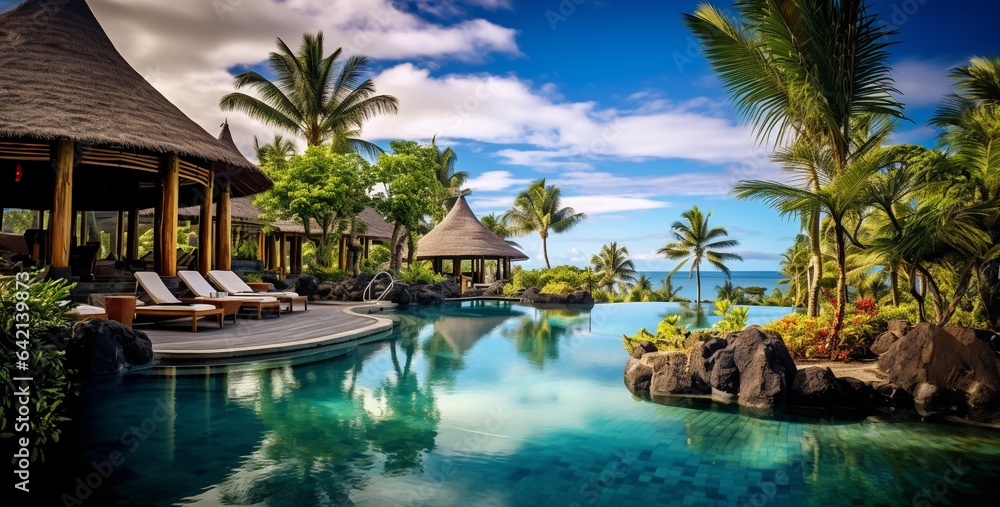 luxury tropical vacation spa swimming pool mauritius. Generative Ai content